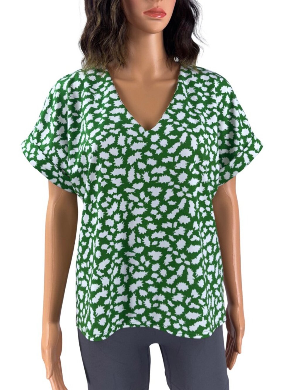 Anthropologie Melloday Green White Abstract Print Blouse M V-Neck Dolman Sleeve